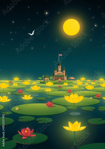 Enchanted water village floating on giant glowing lily pads