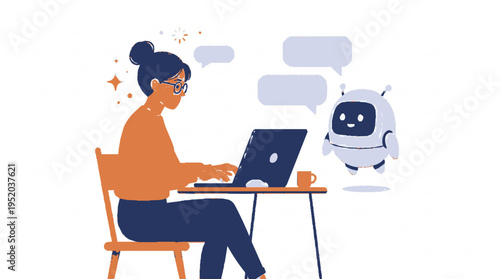 Flat vector illustration of a woman in glasses typing on a laptop at a desk with a robotic assistant nearby