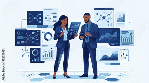 Business professionals analyzing data with tablets in modern blue corporate setting with charts and graphs