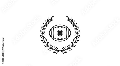 American Football Ball with Hexagonal Laces within Laurel Wreath, Isolated White Background, Sports Championship Symbol