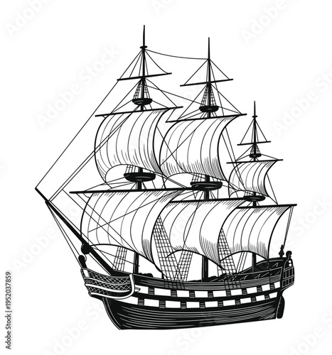 Black and White Drawing of a Tall Sailing Ship Keywords: sailing ship, tall ship, schooner