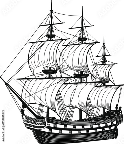 Black and White Drawing of a Tall Sailing Ship Keywords: sailing ship, tall ship, schooner