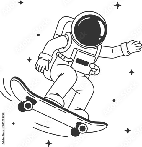 Astronaut Skateboarding in Space Line Art cosmic
