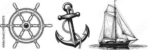 Nautical Symbols Ship Wheel Anchor Sailboat Sketch