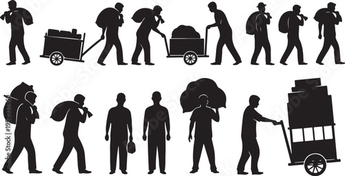 Silhouettes of people walking with luggage and carts variously