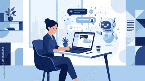 Customer support via ai woman working on laptop with robot assistant in modern office