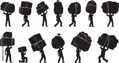 People Carrying Various Heavy Objects and Boxes Silhouette Illustration