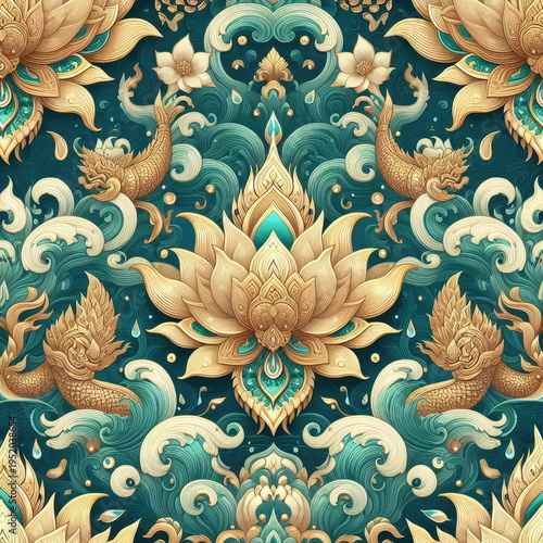 Luxurious Thai Songkran Water Festival Seamless Pattern - Elegant Gold Kanok and Aquamarine Lotus Wave