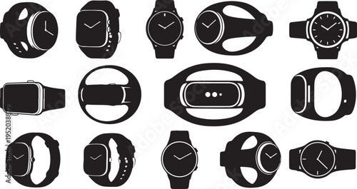 Collection of various smartwatches and wristwatches in black silhouettes