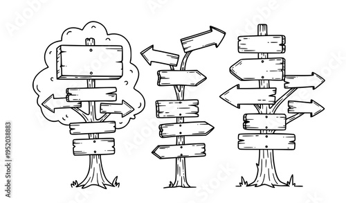 Doodle tree with road signs and arrows hand drawn vector illustration