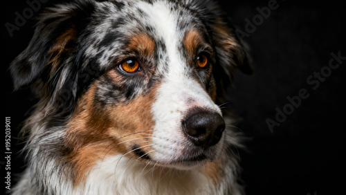 Canvastavla Close-up portrait of a merle Australian Shepherd dog with striking amber eyes ag
