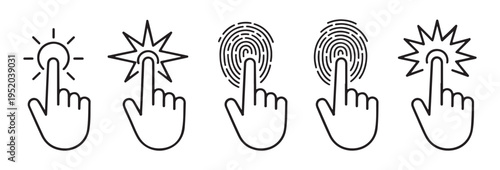 Advanced biometric identification icons with various fingerprint patterns and interactive touch indicators