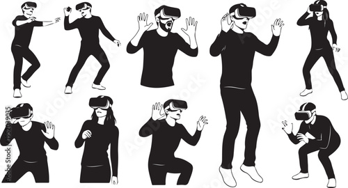 Vector illustrations of people wearing VR headsets in various poses