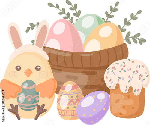 Cute Easter composition with chick in bunny ears, basket with painted eggs and traditional cake. Vector spring holiday greeting card or poster illustration