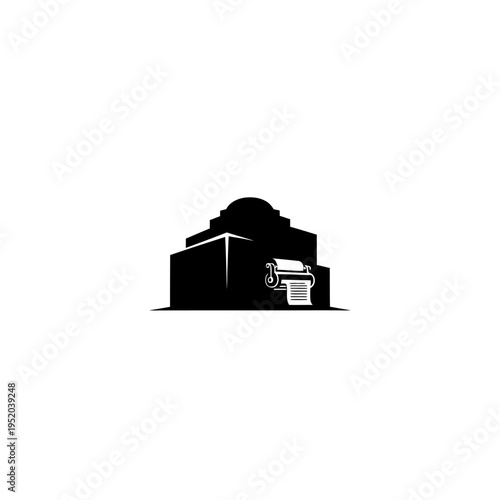 A minimalist silhouette of a building with a scroll unrolling, symbolizing legal or governmental institutions and official documentation