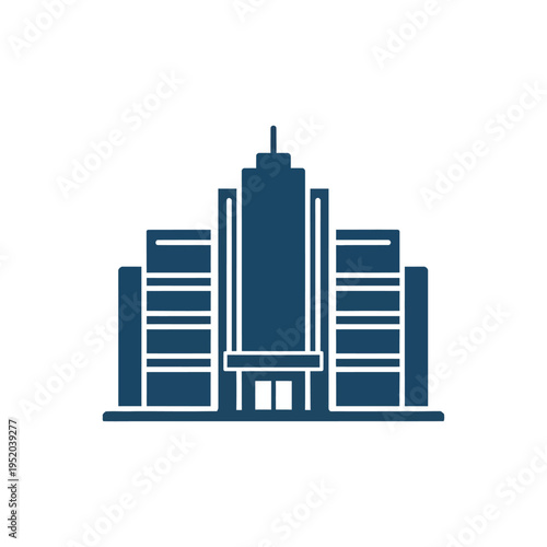 Stylized illustration of a modern institutional building with multiple floors, featuring clean lines and symmetrical design, suitable for architectural and corporate themes