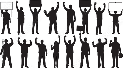 Silhouettes of people protesting or demonstrating with signs raised