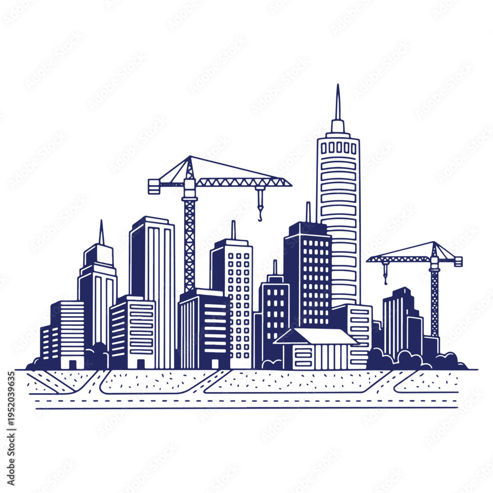 Fototapeta premium Modern Cityscape Vector Outline Illustration with Skyscrapers and Construction Cranes for Urban Development