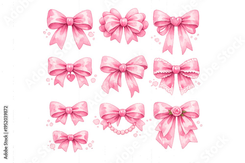 Watercolor pink ribbon bows set. Valentine day, baby shower, birthday, wedding decoration vector design