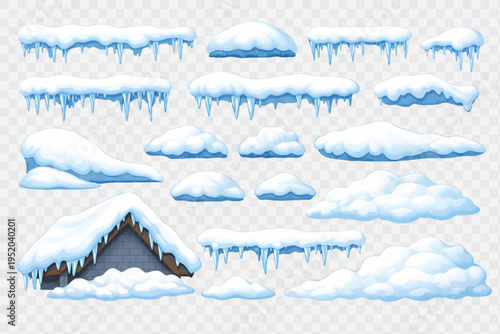 Collection of cartoon snow caps and icicles in a simple, flat design. Set with various frozen snow and ice elements, perfect for decorating roofs, text, or frames for a winter theme