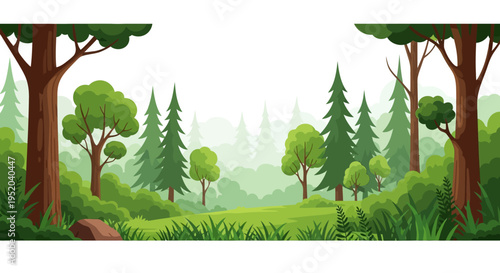 A vibrant illustration of a lush green forest for International Day of Forests with tall trees and a serene natural background promoting eco conservation and a healthy environment