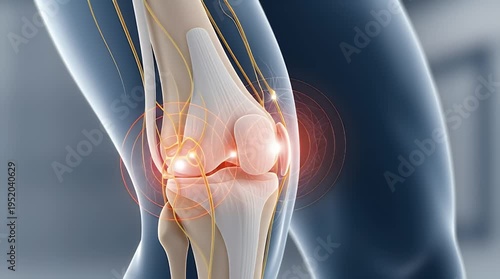 Detailed 3D anatomical illustration showcasing the human knee joint experiencing significant pain and inflammation, emphasizing nerve pathways and bone structure for medical and educational purposes