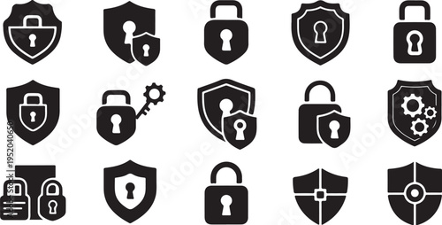 Security icons set with shields and padlocks on white