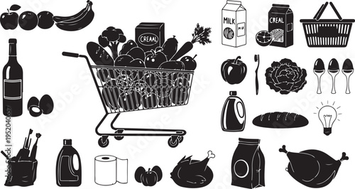 Grocery shopping cart with various food and household items