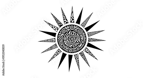Detailed Black Sun Icon with Tribal Pattern and Sharp Pointed Rays on Isolated White Background