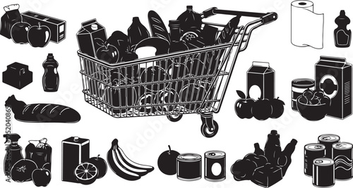 Grocery shopping cart filled with various food items illustration