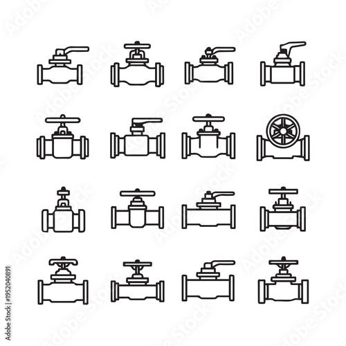 Plumbing Valve Icons Collection: Various Types of Flow Control Valves