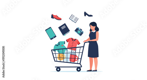 Woman next to shopping cart with various items falling out flat vector illustration
