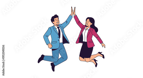 Cartoon businessmen jump and high-five each other