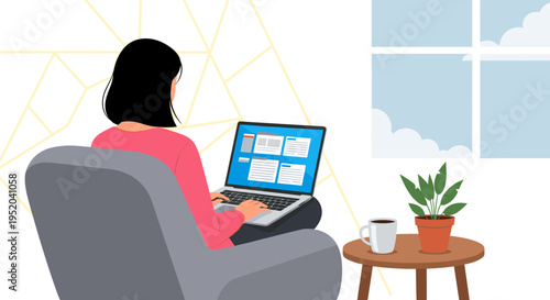 Illustration of woman using laptop comfortably at home near window with plant
