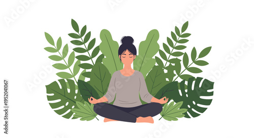 Illustration of a serene woman meditating amidst lush green foliage