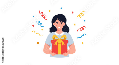 Joyful Woman Holding a Red Gift Box with Confetti and Streamers Falling Around