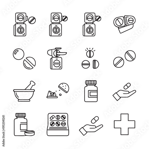 Medical Pill Icons Set: Tablets Capsules Mortar and Pestle Pharmacy Cross