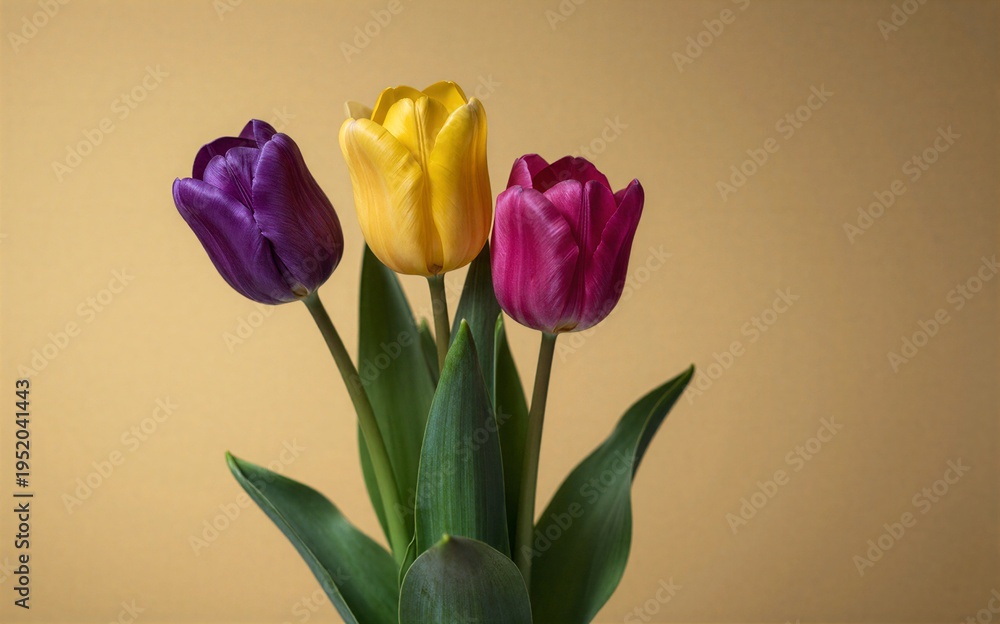 Fototapeta premium Vibrant tulips in purple yellow and pink bloom against a warm beige