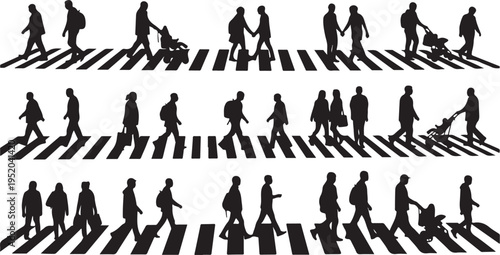 Silhouettes of people crossing the street in various groups