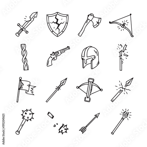 Medieval Weapons Icons Collection Battle Gear Symbols Fantasy Combat Objects Stock Graphics