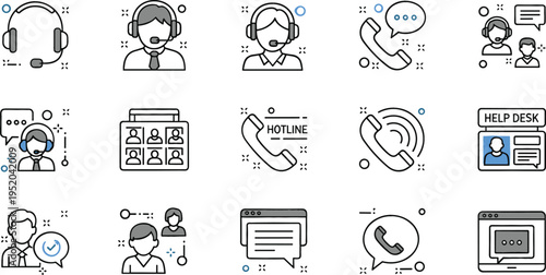Customer support and call center icons vector illustration set with hotline, help desk, operators and communication service symbols collection design