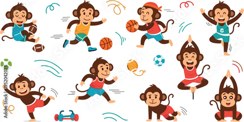 Jungle primates vector illustration set with monkeys, gorilla and lemur, tropical forest animals collection with trees, vines and nature elements design