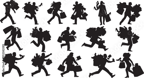 Busy people running with luggage and bags in silhouette