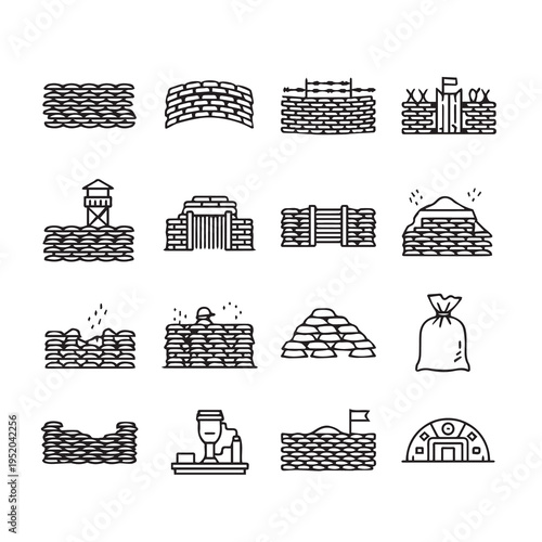 Military Defense Fortifications Icons Set: Sandbag Barriers Guard Towers Entrances Barricades
