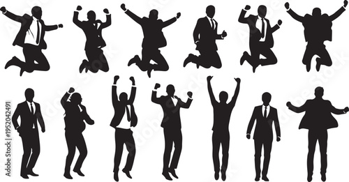 Silhouettes of business people celebrating success and achievement together