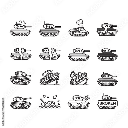 Military Tank Icons Set: Damaged Broken and Firing Variations Line Art