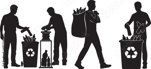 Silhouettes of people throwing away trash and recycling waste