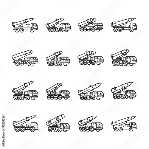 Missile Launcher Trucks Military Vehicles Artillery Systems Vector Icons Set