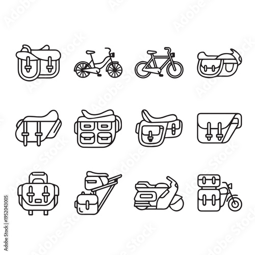 Motorcycle & Bicycle Saddlebags and Luggage Set Icons Vector Line Art