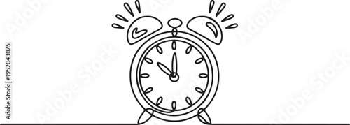 Alarm clock continuous one line drawing. Wake Up symbol or concept. One line draw graphic design vector
